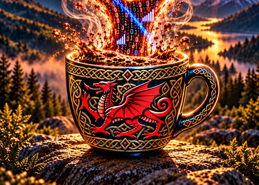 Excalibur app splash screen: the seven-step Round Table rising from a Welsh dragon coffee cup at sunrise