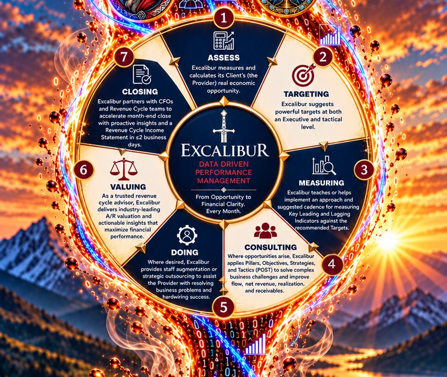 The Excalibur Round Table rising from the B41C coffee cup: the seven-step client journey illustrated in the Excalibur app splash screen